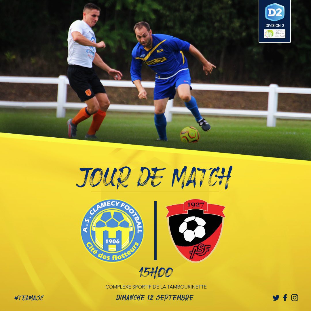 ASClamecy's tweet photo. ➡️ PROGRAMME SENIORS DU WEEK-END !

🟡 « La cité des flotteurs » 🔵

#teamasc https://t.co/aFgdFbJpbw