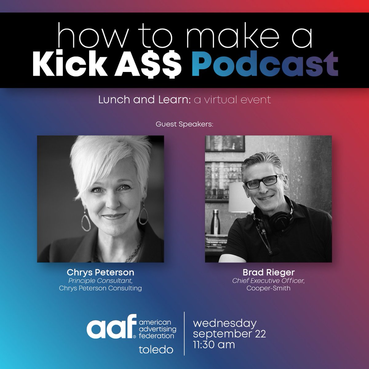 AdFedToledo's tweet photo. Ever thought about starting your own podcast, but wondered how to go about it? Join us for an insightful discussion between Chrys Peterson &amp; Brad Rieger as well as some behind-the-scenes podcasting insight from moderator Kerry Schwable. To register: https://t.co/JRINWpb1cT https://t.co/kmx0DFXAjp