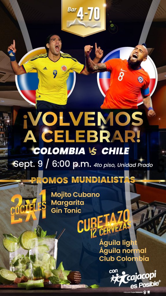 ¡Volvemos a Celebrar!

Hoy te invitamos a vivir el partido de Colombia vs Chile en nuestro bar 4-70 🍷🍸 

Disfruta de nuestro 2x1 en cocteles y nuestras promociones mundialistas 🇨🇴
