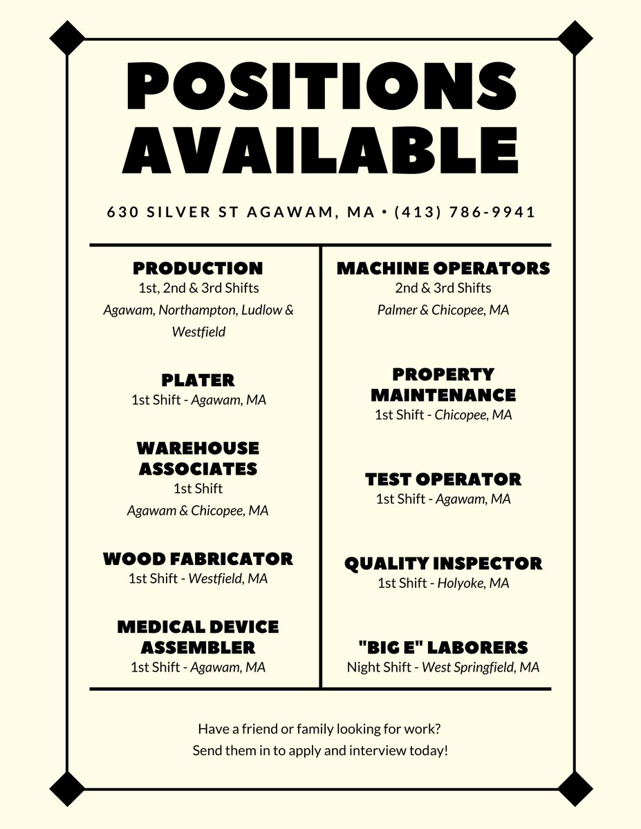 ReliableTemps's tweet image. We're #hiring ! Please call our Agawam office at 413-786-9941 for more information on our immediately available openings #hiringnow #staffing
