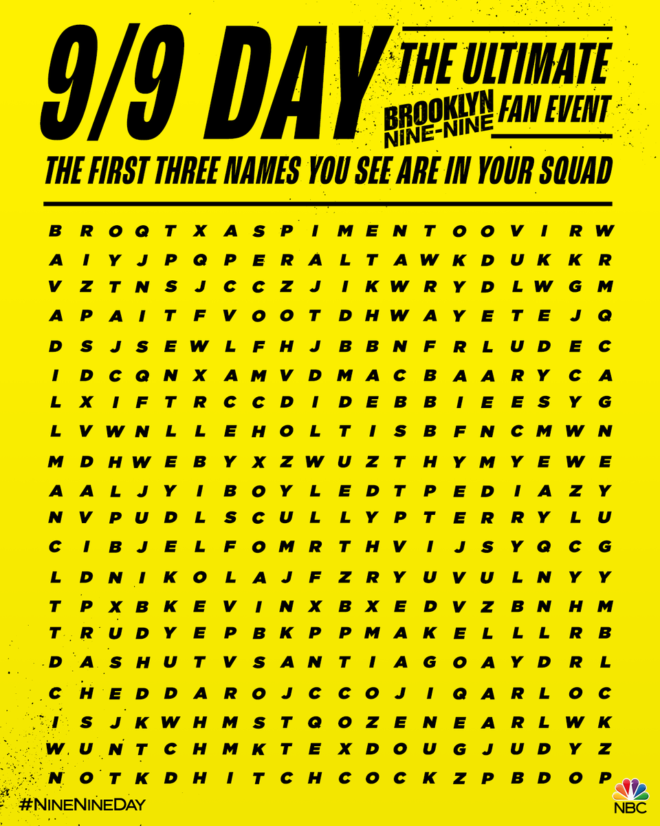 brooklyn99's tweet photo. Start scanning for those names then tell us who's in your squad. ⬇️ #NineNineDay https://t.co/304jbGcRZM