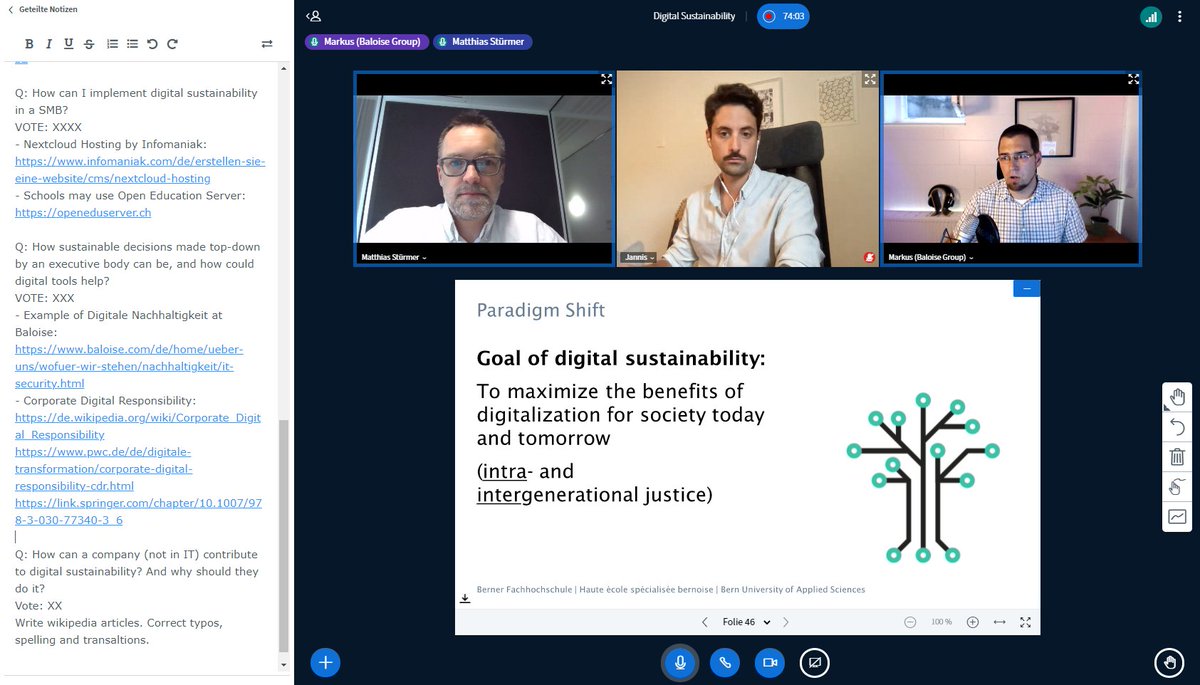 Interesting discussions with many participants at @_triple_impact and @CH_Open event on #DigitalSustainability with @MarkusTiede of @Baloise_Group, #AlessaKeller of @BLabSwitzerland and @tschitschable of @adfinis: ch-open.ch/thematic-event… - Slides on: nextcloud.fdn-tools.inf.unibe.ch/index.php/s/Cc…