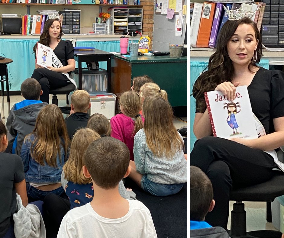 CR6Trojans's tweet photo. What a special treat! Miss Missouri, Callie Cox visited our elementary students today.  Fun facts about Callie's elementary teachers: 1st grade-Mrs. Schutte, 3rd grade-Mrs. Angel, 5th grade-Mrs. Mommens &amp; Callie attended kindergarten at Community R-VI! #OnceATrojanAlwaysATrojan https://t.co/QQz2OP3jDG