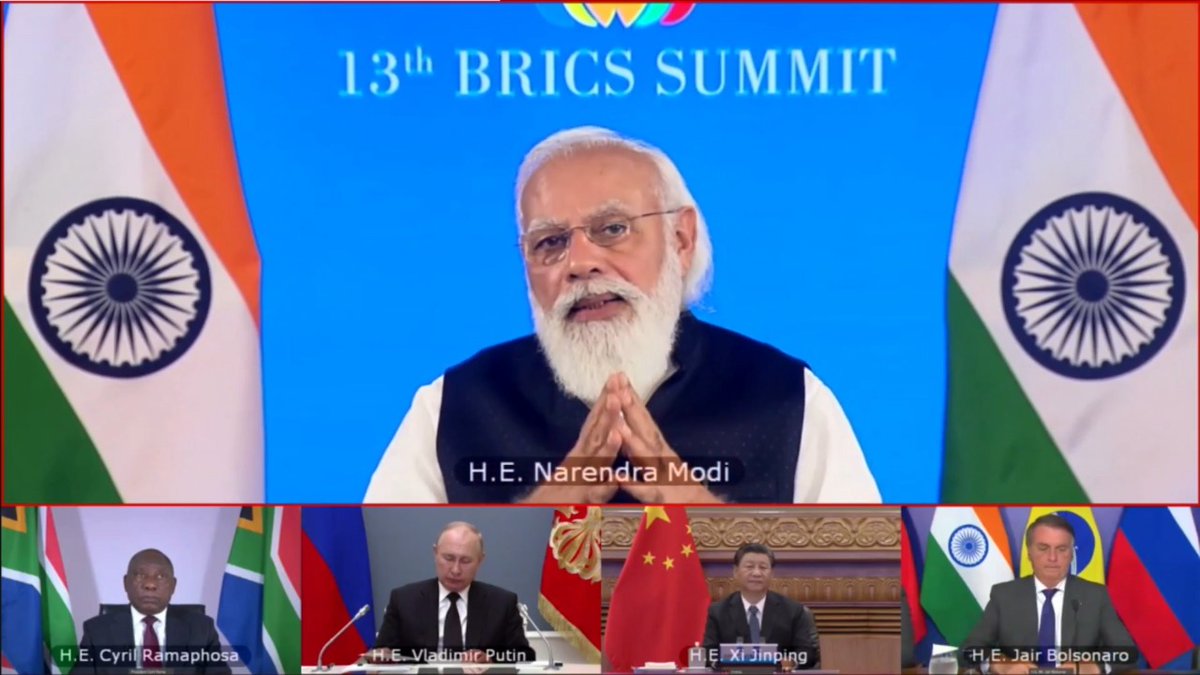 MEAIndia's tweet photo. Today PM @narendramodi chaired 13th BRICS Summit through Video Conferencing. PM underscored 🇮🇳’s theme for #BRICSat15:Intra-BRICS Cooperation for #ContinuityConsolidationConsensus and many firsts 🇮🇳 achieved during its Presidency. https://t.co/vziXyL9lgI