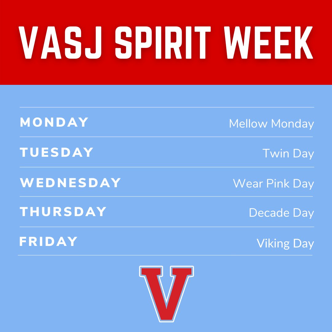 VASJHighSchool's tweet photo. Today kicks off Spirit Week at #VASJ, and we want our alumni to join in on the fun! 

Dress up in theme each day, take a photo of yourself and send it to kmott@vasj.com for a chance to be featured on our social media. Friends, family and pets are welcome to participate, too! https://t.co/L2OUYzh0dv
