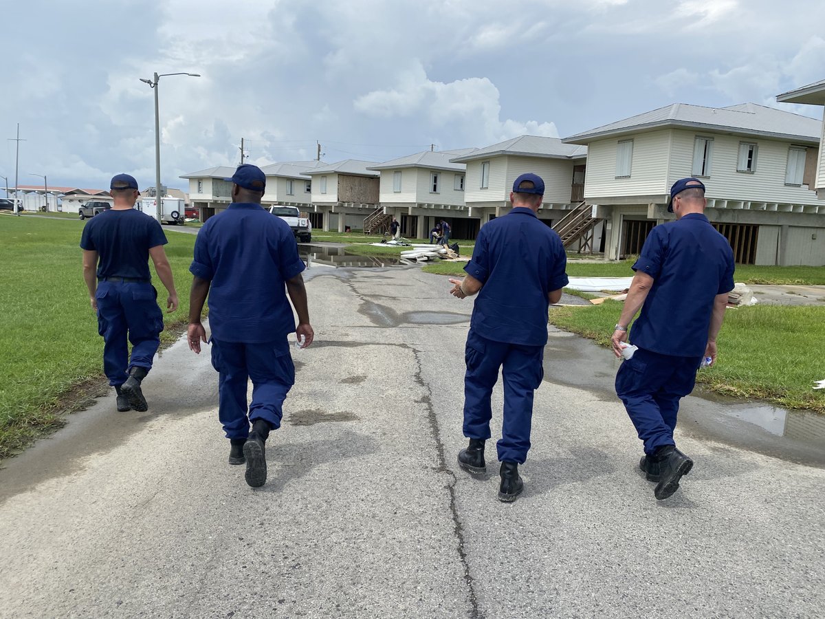 USCGHeartland's tweet photo. Rear Adm. Richard Timme, commander of the Eighth Coast Guard District, and Command Master Chief Marques Johnson, visited @USCG Station #GrandIsle to assess the damage #HurricaneIda left behind.
#USCGIda #Storm21 https://t.co/SMSZqUO2Q6