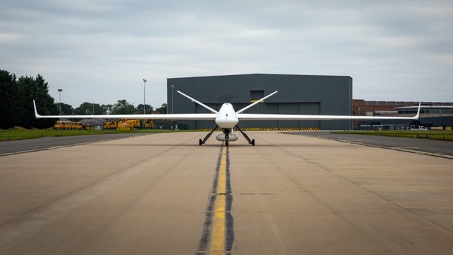 ChiefofAirStaff's tweet photo. Protector is a huge leap forward in performance &amp; technology. It can fly for 40hrs anywhere in the world protecting the UK &amp; our allies. @RoyalAirForce receives our 1st of 16 aircraft in 2023. Trials this month at @RAFWaddington &amp; @RAFLossiemouth are a taste of things to come. https://t.co/8YJTLLqomx