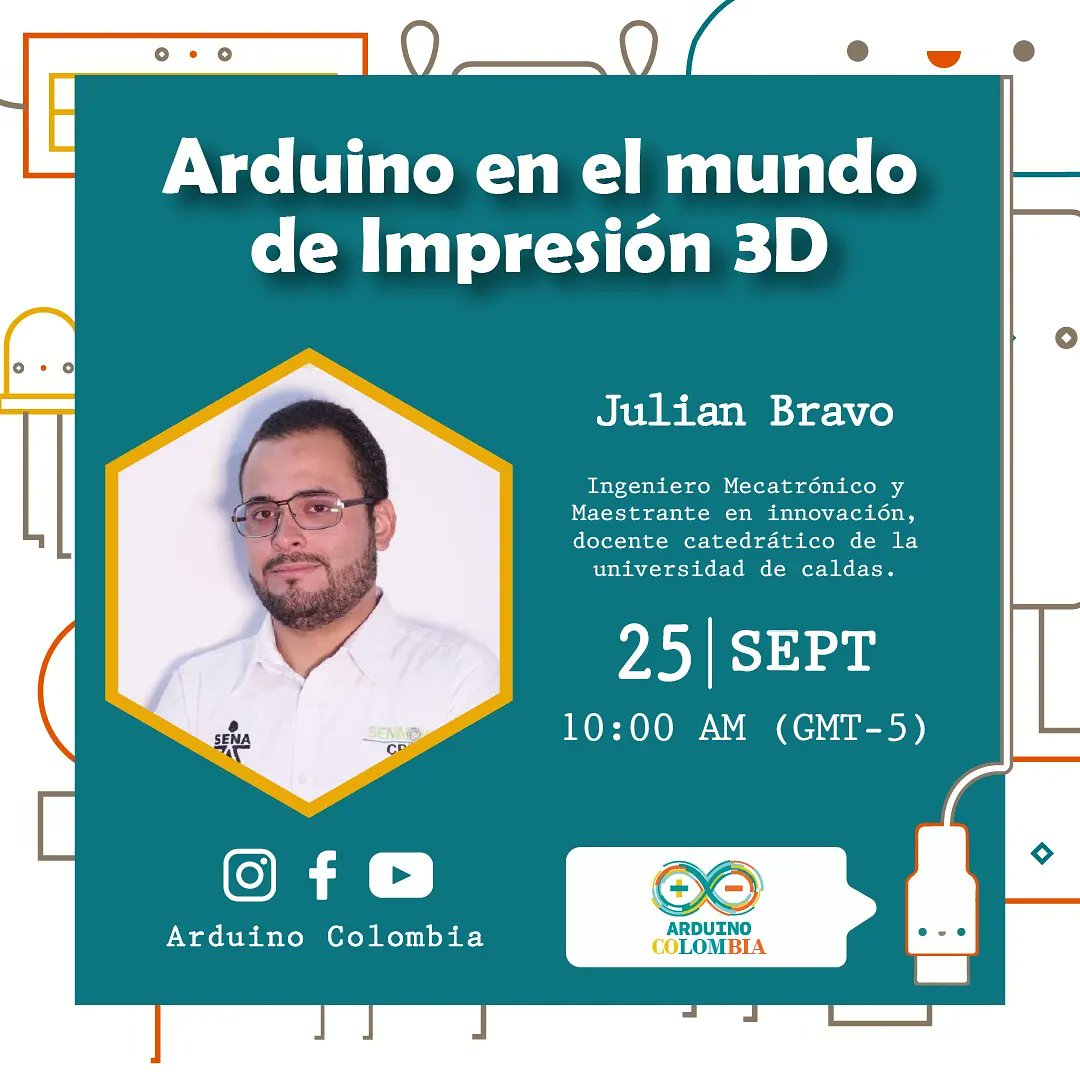 ArduinoColombia's tweet image. Desde la comunidad Arduino ¡¡Te invitamos a nuestro siguiente Webinar el 25 de septiembre!! Aprende sobre la impresión 3D desde una perspectiva de la mejor tarjeta programable. Participa desde nuestro canal de YouTube y no dejes de seguirnos en nuestras redes sociales.