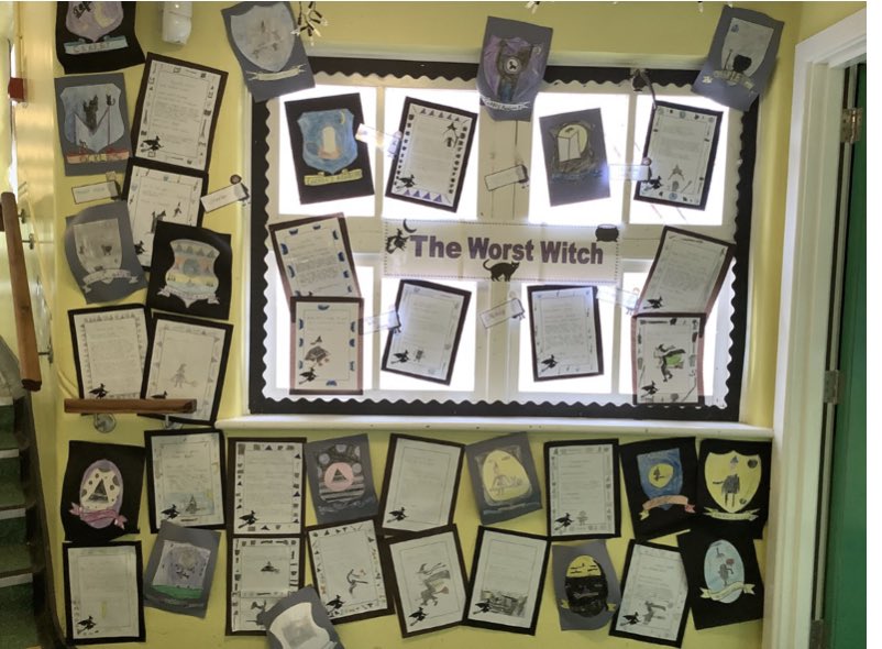 P5T have been using their class novel, ‘The Worst Witch’ to create some fantastic art and character profiles.  It certainly brightens up the corridor, well done everyone!