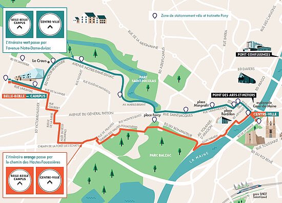 Jusqu'à fin 2022, deux itinéraires sécurisés sont mis en place pour relier le campus universitaire de Belle-Beille et le centre-ville en vélo ou trottinette, en évitant les perturbations liées aux travaux du tramway. #Angers angers.fr/vivre-a-angers…