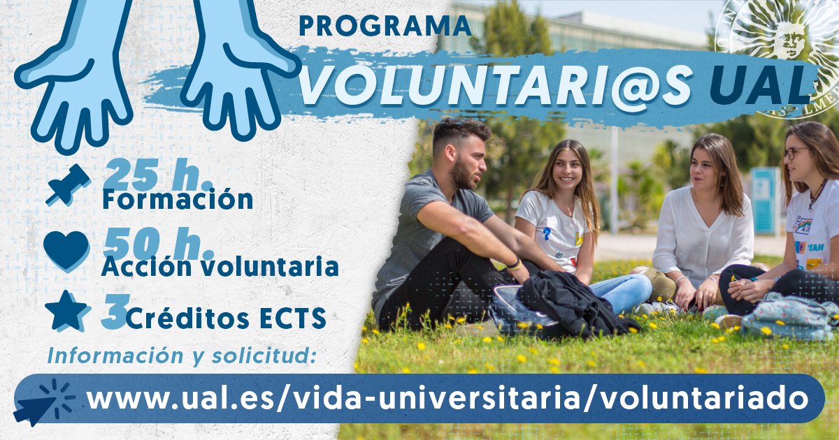 ualmeria's tweet photo. ¿Te gustaría participar en el Programa VOLUNTARI@S UAL? 🤝
La UAL ofrece a la comunidad universitaria la oportunidad de realizar tareas de voluntariado en un amplio listado de entidades 📝
👀 INSCRÍBETE en 👉https://t.co/SeLZQaw1MH
#VoluntariosUAL #UALsolidaria https://t.co/VpI71HUfsT