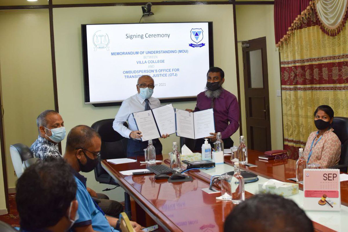 A Memorandum of Understanding (MoU) was signed between #OTJMV and <a href="/VillaCollegeMv/">Villa College</a>  today. 

The MoU was signed on behalf of Villa College by Rector, Dr. Ahmed Anwar and by Chief Ombudsperson, Uz. Abdul Salaam Arif on behalf of #OTJMV. (1/2)