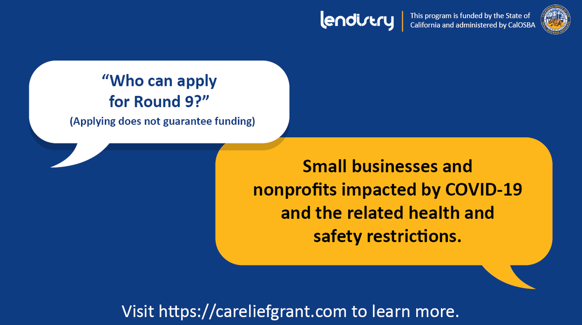 Round 9 for the #CAReliefGrant is OPEN! This round is open to all new eligible applicants. Current waitlisted small businesses and/or nonprofits in previous rounds do not need to reapply. Visit CAReliefGrant.com