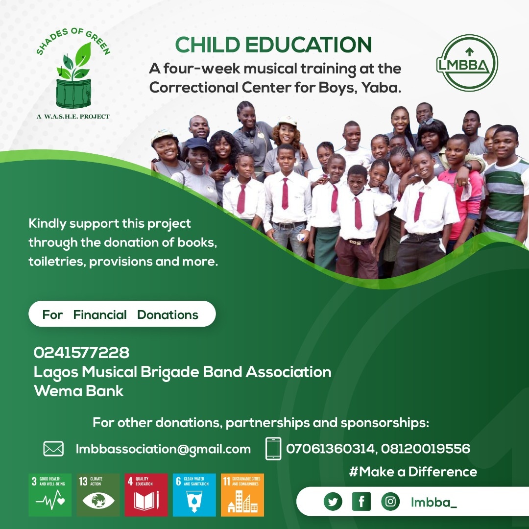 lmbba_'s tweet photo. SHADES OF GREEN!
The first aspect of the project begins in September with a musical training at the Correctional Centre for Boys, Yaba.
We need your help in making this project a success.
#ShadesofGreen🍀
A #WASHEProject
#LMBBAPROJECT https://t.co/NhKATyffWS