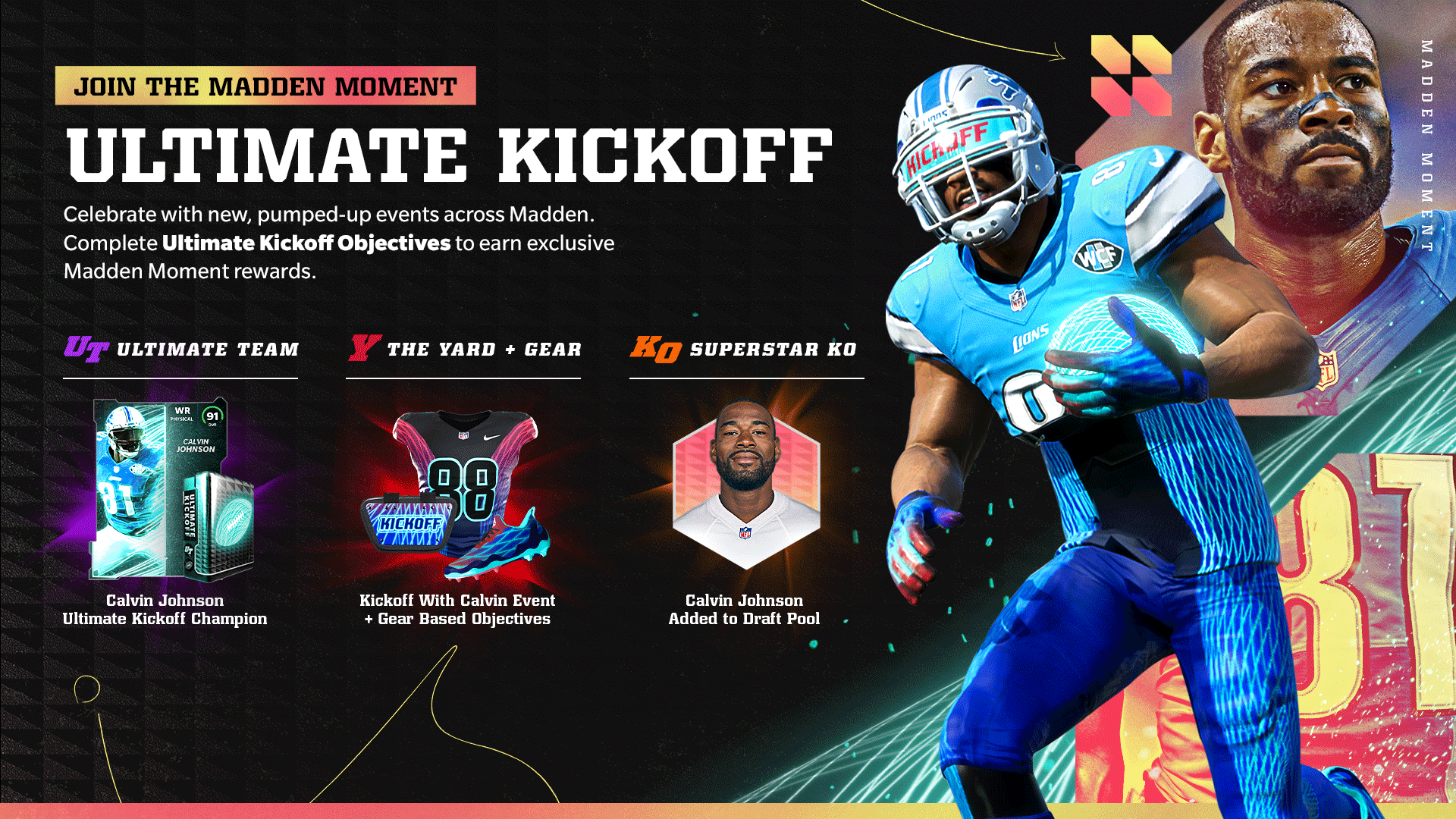 Madden Ultimate Team Ultimatekickoff Calvin Johnson Ultimate Team 91 Ovr Ultimate Kickoff Champion The Yard The Calvin Event New Gear Superstar Ko Megatron Added To Draft