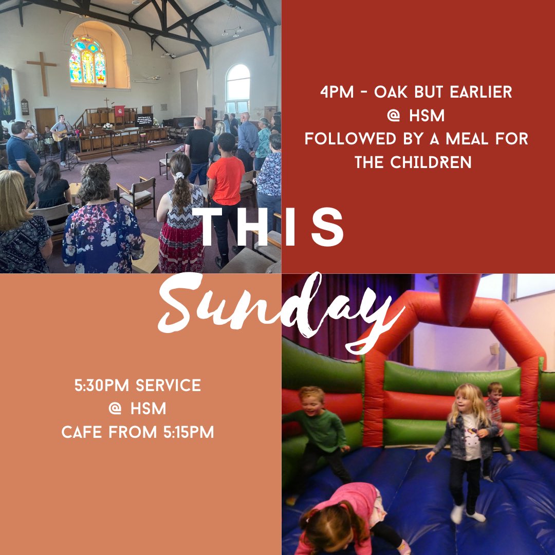Join us this Sunday! 
Our 4pm service is aimed at children &amp; families, with a bouncy castle, games &amp; crafts this week. Followed by a simple meal together afterwards!
Also head to our 5:30pm service aimed at young people &amp; adults, with a cafe from 5:15pm!
We’d love to see you!
