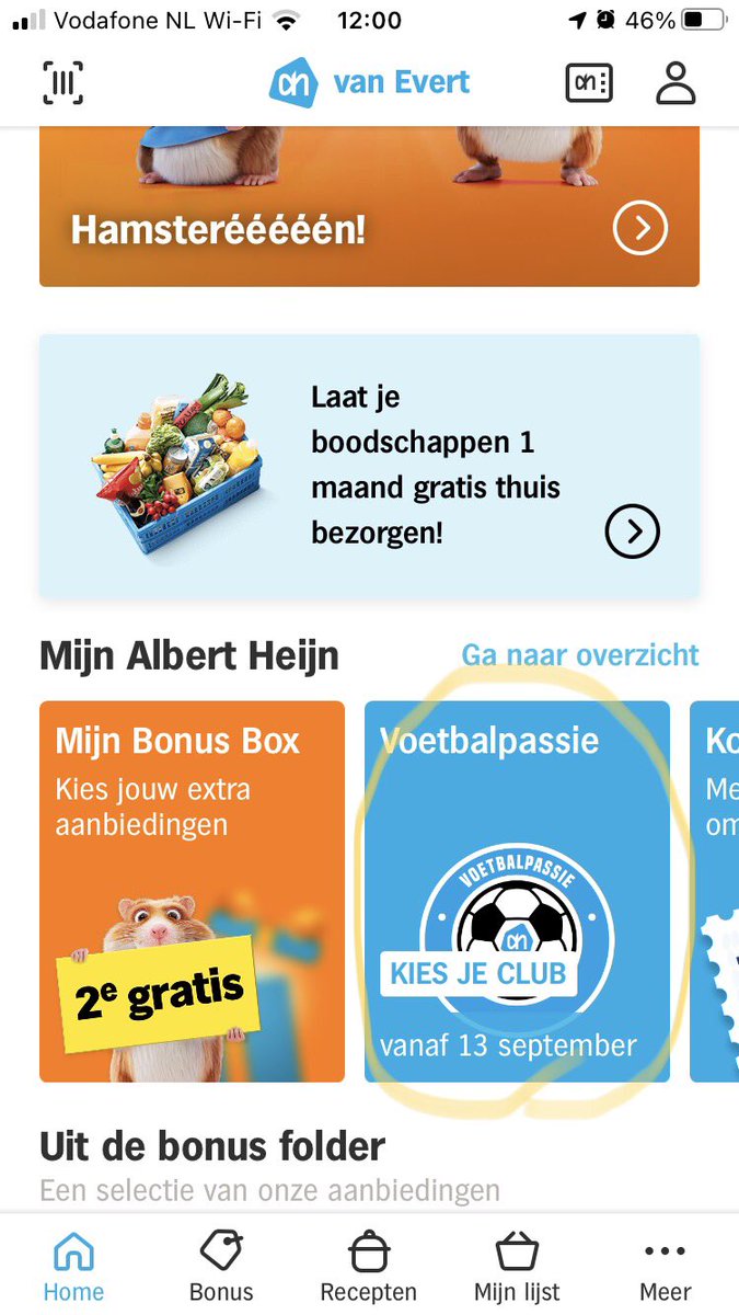 Als je boodschappen doet bij de AH kun je meedoen met de actie voetbalpassie. Dit is vanaf 13-9 voor 3 weken. Hiermee kun je geld sparen voor je favoriete voetbalclub. Het enige wat je hoeft te doen is de AH app te downloaden, je bonuskaart activeren en AHB toewijzen.