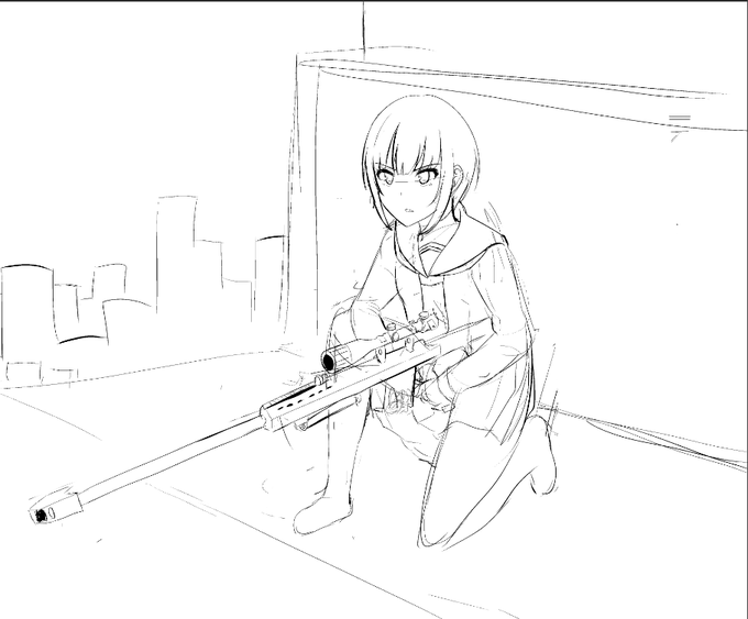 構図ラフ練ってるワイ「ライフルなら高い所だな」
VS
Pとしてのワイ「千夜は高い所苦手やぞ」
VS
サボりたいワイ「遠景描くの大変だからやめて」 