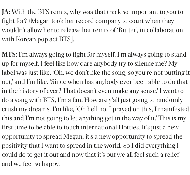 charts_k's tweet photo. Megan Thee Stallion on her label not allowing her to release Butter Remix: 

"I want to do a song with BTS, I’m a fan..I’m not going to let anything get in the way of it..I did everything I could do to get it out, now that it’s out we all feel such a relief &amp; we feel so happy." https://t.co/WbNCQejv5y