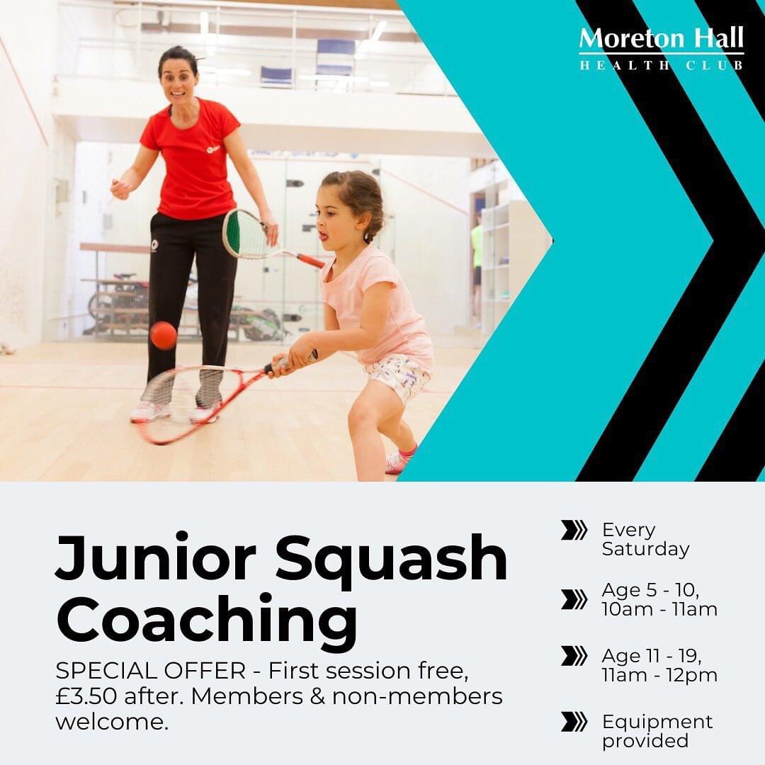 It’s back! 

Junior squash coaching is back at the Moreton Hall Health Club! 

Starting Saturday 18 September, all abilities welcome. All equipment provided. 

1st session FREE and only £3.50 after. 

Age  5 - 10,  10 - 11am
Age 11 - 19, 11 - 12pm  

Open to members &amp; non members