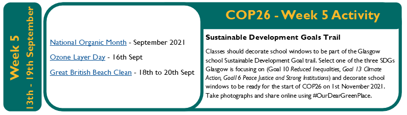 STEMglasgow's tweet photo. Only 6 school weeks to go until the start of #COP26! 🌍Don't forget to check out the Getting Ready for COP26 Brochure which has the latest offers for GCC schools and an activity calendar for the lead up to COP. Find it here https://t.co/KG3VSDK6hB #OurDearGreenPlace 🌳🐟🔔🐦💍 https://t.co/9RRksWOAu0