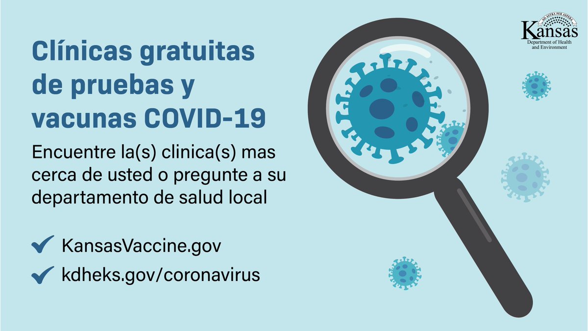 Continúan las clínicas de prueba y vacuna COVID-19 gratuitas, luego de la reciente aprobación de la vacuna Pfizer por la FDA, también conocida como Comirnaty. Hable con su departamento de salud local si no ve su condado en la lista: coronavirus.kdheks.gov/CivicAlerts.as…