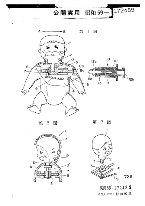 タカラ1983年実用新案出願の注射すると泣き顔になる人形と、1985年出願の歯型ギミックのある食品
泣き顔人形は注射の動作がそのまま泣き顔のスイッチになってるのが上手い
歯型の方は唇でのワンタッチで反転し、食べたふりができる
どちらもすごいけど状況が限定的すぎて遊びの幅がナローだなとは思う 