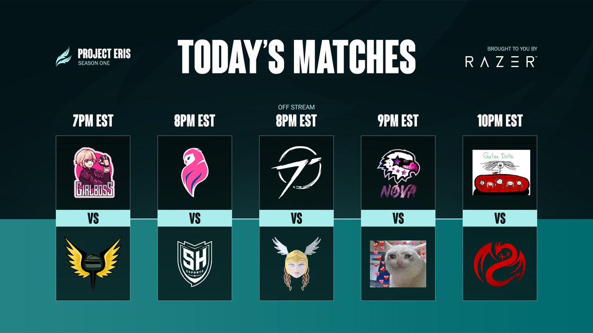 Project Eris 🪶 (@project_eris) on Twitter photo ‼️TONIGHT‼️
Game 1: #GirlBoss ⚔️ #TachankasAngels
Game 2: <a href="/MirageScouts/">Mirage Scouts</a> ⚔️ <a href="/RealSHesports/">SH Esports</a>
🎙<a href="/JazzmanCasts/">Adam 🎷</a> 🎙 <a href="/HimeGarce/">GRACE V</a>
Game 3: <a href="/HomelandEsports/">Homeland Esports🦅</a> ⚔️ #WamensTeam
Game 4: #GuGuDolls ⚔️<a href="/TeamSiNisterGG/">Team SiNister</a>
🎙 <a href="/JazzmanCasts/">Adam 🎷</a> 🎙 <a href="/CdapsR6/">Connor “Cdaps” D’Apollonio</a>
🎮 <a href="/iMajorNova/">Nova</a>
🎬 @CeDeCe_
⏯ <a href="/TheMsMidnight/">Mira 'Midnight'</a> ‼️TONIGHT‼️
Game 1: #GirlBoss ⚔️ #TachankasAngels
Game 2: <a href="/MirageScouts/">Mirage Scouts</a> ⚔️ <a href="/RealSHesports/">SH Esports</a>
🎙<a href="/JazzmanCasts/">Adam 🎷</a> 🎙 <a href="/HimeGarce/">GRACE V</a>
Game 3: <a href="/HomelandEsports/">Homeland Esports🦅</a> ⚔️ #WamensTeam
Game 4: #GuGuDolls ⚔️<a href="/TeamSiNisterGG/">Team SiNister</a>
🎙 <a href="/JazzmanCasts/">Adam 🎷</a> 🎙 <a href="/CdapsR6/">Connor “Cdaps” D’Apollonio</a>
🎮 <a href="/iMajorNova/">Nova</a>
🎬 @CeDeCe_
⏯ <a href="/TheMsMidnight/">Mira 'Midnight'</a>