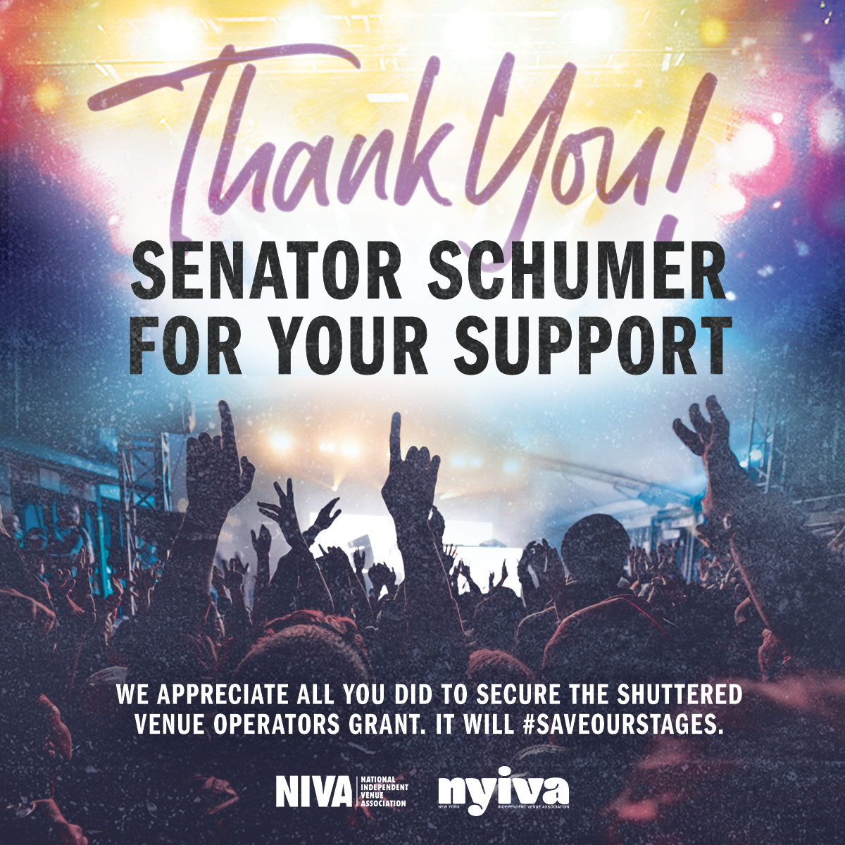 From ALL of our Independent Venues and Promoters throughout New York State, <a href="/nyivassoc/">nyivassoc</a> Thanks <a href="/SenSchumer/">Chuck Schumer</a> for all of his advocacy work on our industry's behalf! You are a leading champion to step in and support our businesses, what a game changer!⁠
#SenatorSchumer #SaveOurStages
