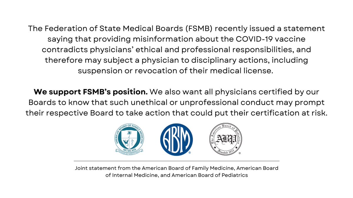 American Board of Pediatrics (ABP) (@ab_peds) on Twitter photo Spreading misinformation about a lethal disease is unethical, unprofessional, and dangerous and goes against everything we, and our colleagues at <a href="/TheABFM/">American Board of Family Medicine</a> and <a href="/ABIMcert/">American Board of Internal Medicine (ABIM)</a>, stand for.
Read the full statement: abp.org/news/statement… Spreading misinformation about a lethal disease is unethical, unprofessional, and dangerous and goes against everything we, and our colleagues at <a href="/TheABFM/">American Board of Family Medicine</a> and <a href="/ABIMcert/">American Board of Internal Medicine (ABIM)</a>, stand for.
Read the full statement: abp.org/news/statement…