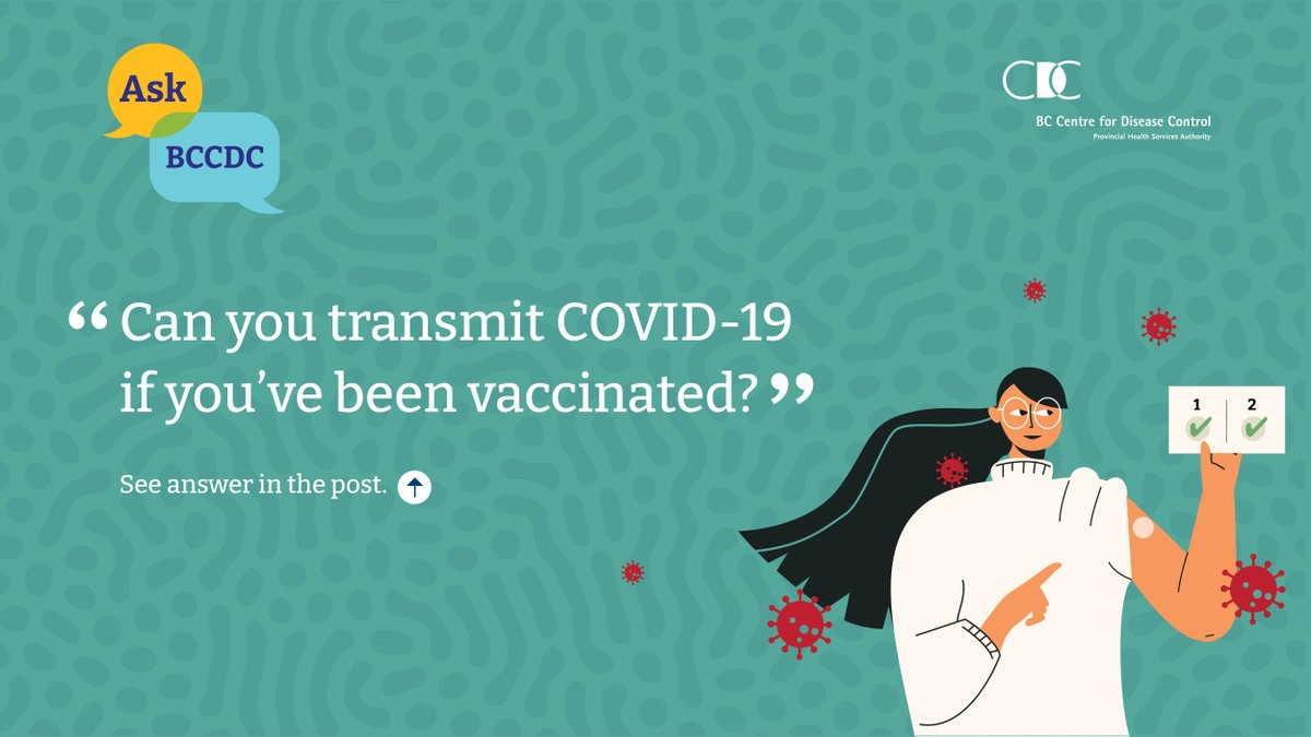 PHSAofBC's tweet photo. Q: Can you transmit COVID-19 if you’ve been vaccinated? 
A: Vaccinated people are able to transmit #COVID19, but the vaccine helps reduce transmission by limiting the length of time they are infectious. #AskBCCDC if you have a question about COVID-19. https://t.co/6uOxK2FfV2 https://t.co/x5Uh2K0kkF