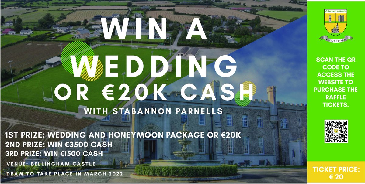 StabuParnells's tweet photo. IT COULD BE YOU - WIN A WEDDING OR €20k - the perfect match between Stabannon Parnells and @Bellingh4m, it could be the perfect match for you, tickets only €20, go to : https://t.co/Ki6y1Ra1a5 to be in with a chance to win.

#win20k #castlewedding #gaa #localclub #winawedding https://t.co/NxYYiKqHvP