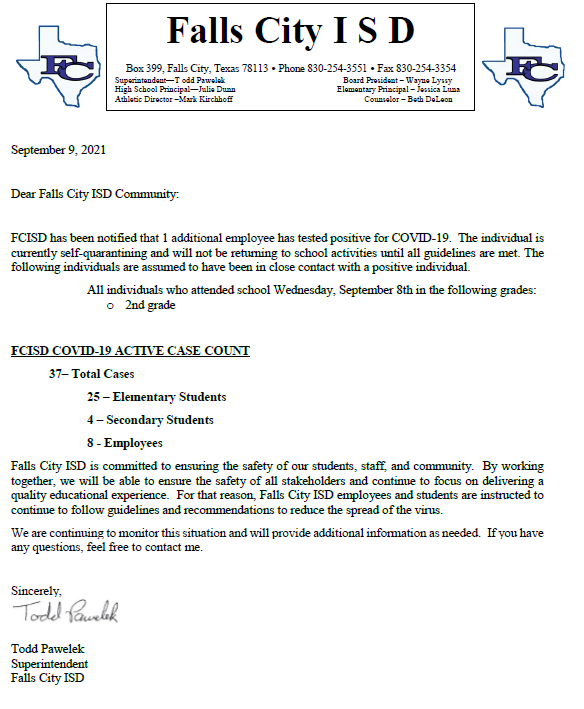 Falls City ISD on Twitter "FCISD is sending notice of a Positive COVID