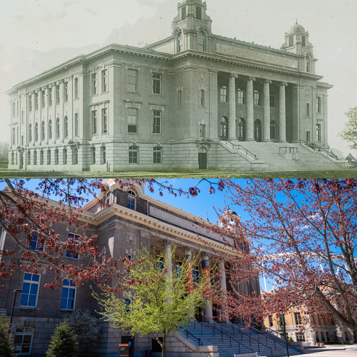 top photo: black and white image of Carnegie Library in the 1900s. bottom photo: Carnegie Library in the spring of 2019