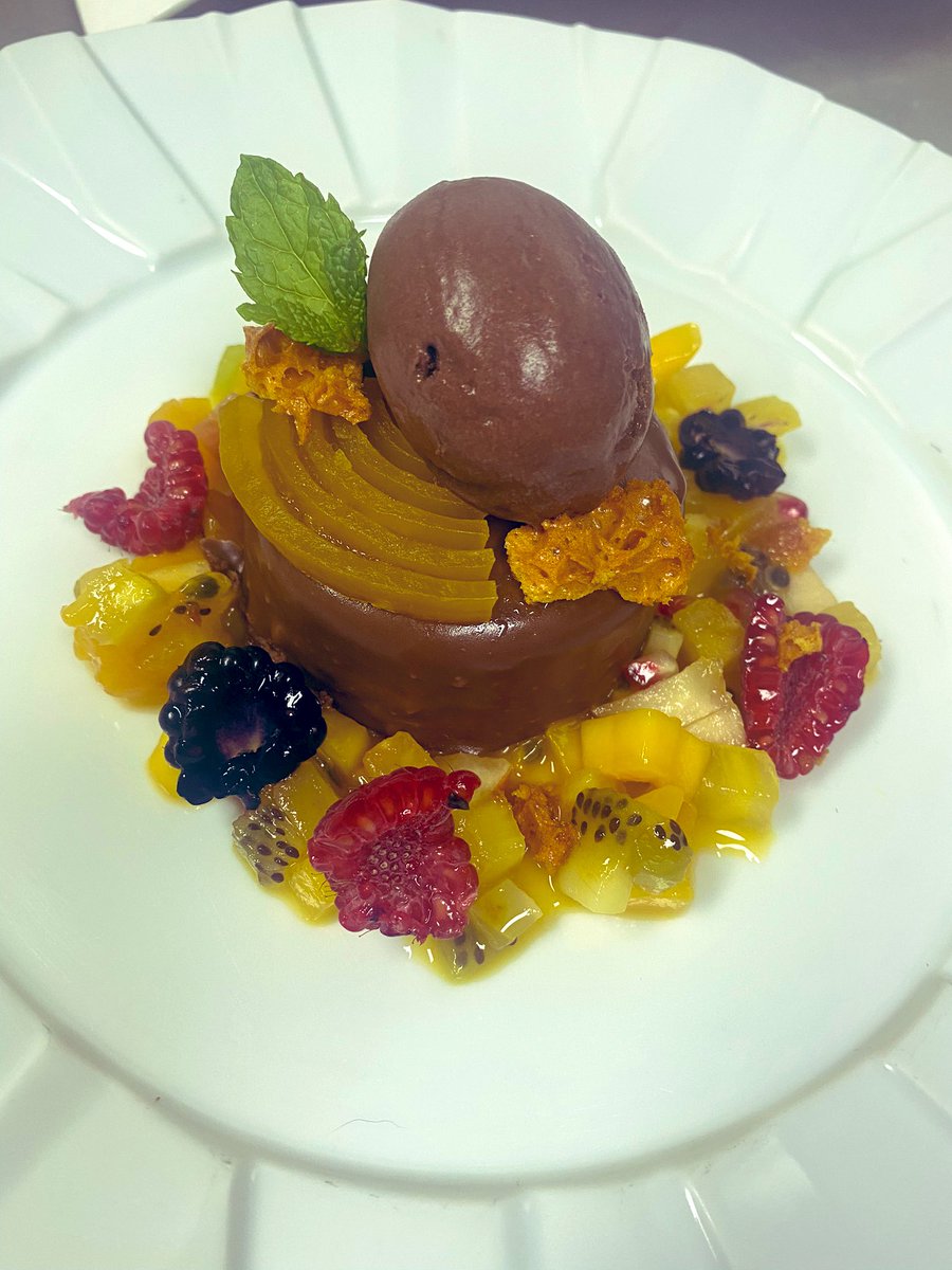 Chocolate passion fruit torte / tropical fruit salsa / chocolate indulgence icecream honeycomb shards