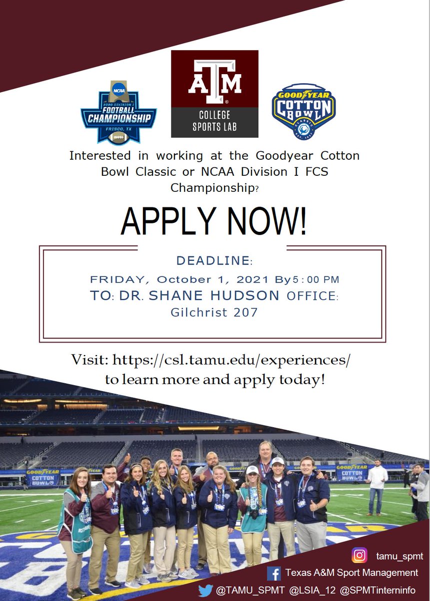 My favorite season is football!! The Cotton Bowl and FCS Experiences are back! Applications and information can be found at csl.tamu.edu. #cottonbowl #ncaafootball #likenother #fcschampionship
