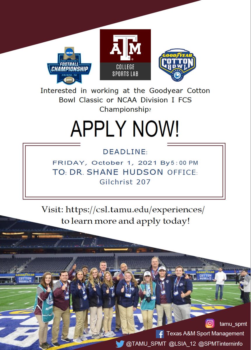 My favorite season is football!!

The Cotton Bowl and FCS Experiences are back! Applications and information can be found at csl.tamu.edu.

#cottonbowl #ncaafootball #likenother #fcschampionship