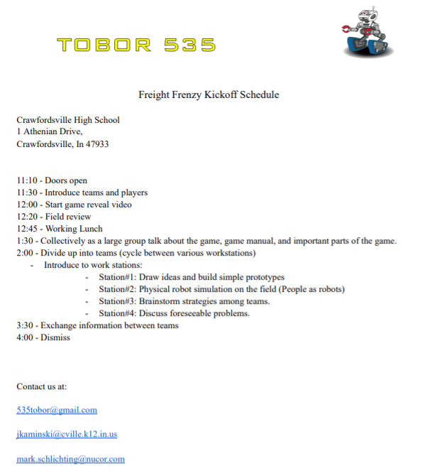 FTC roboticists it's almost time for kickoff! We are excited to be hosting a kickoff event including game reveal and brainstorming opportunities (schedule posted below). We invite any FTC Indiana teams to attend. To sign up fill out: docs.google.com/forms/d/e/1FAI… 
#FTC #FIRSTIndiana