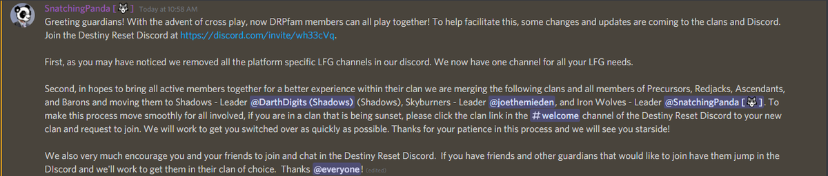 DestinyReset's tweet photo. Attention guardians! Destiny Reset clan updates incoming. If you haven't joined the Destiny Reset Discord server or a clan yet...now's a great time! (see Discord invite link in image) https://t.co/6PF9bLLFDt