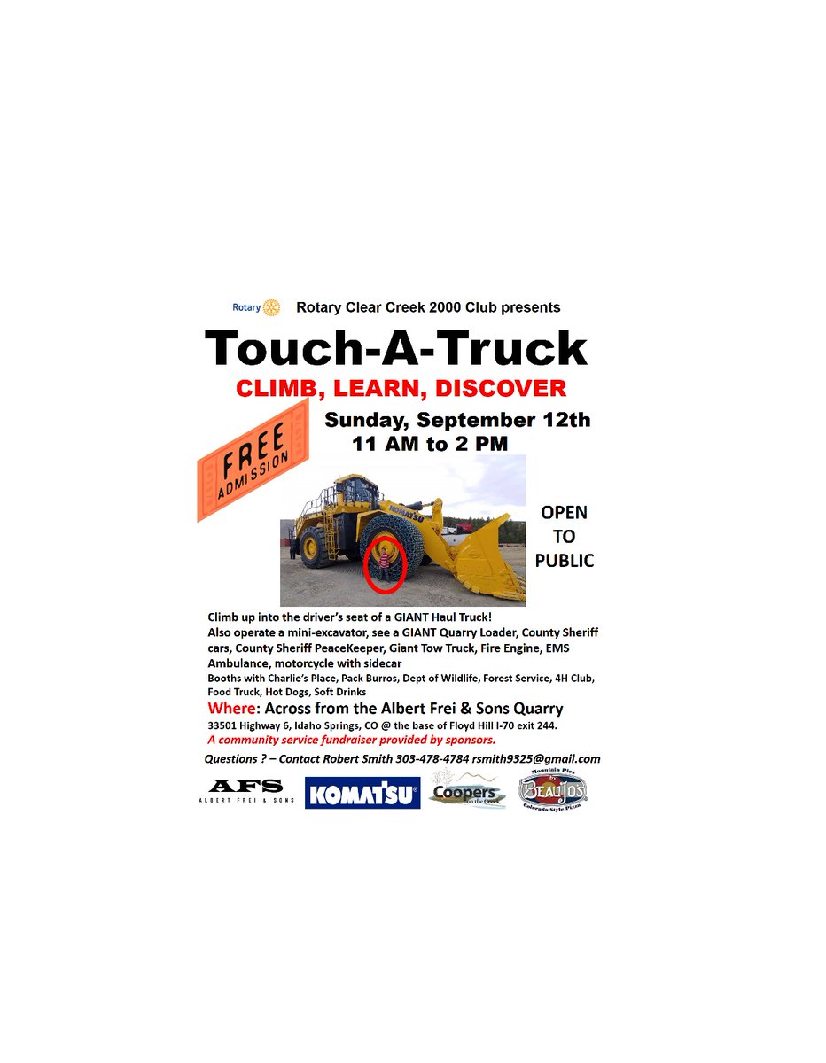 Touch-A-Truck this Sunday. #ClearCreekCounty #AlbertFreiandSons #WalstrumQuarry #Rotary