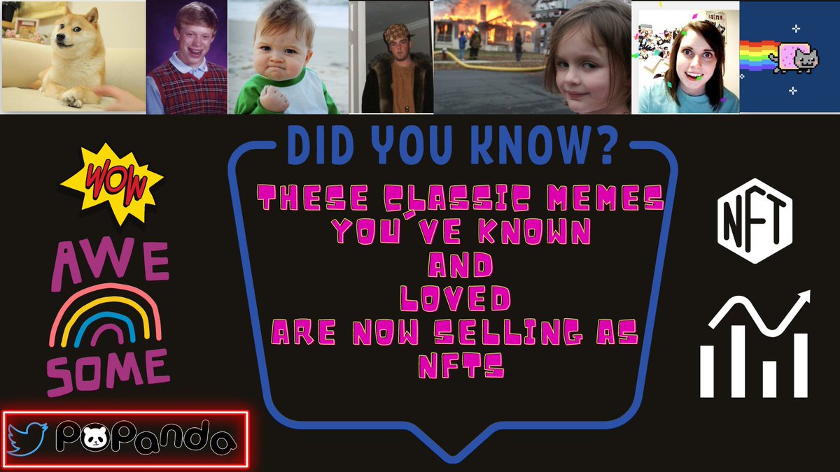 Pop_PandasNFT's tweet photo. If you grew up on the early internet, some of the folks that made the earliest memes have finally cashed in on the recent #NFT craze.
https://t.co/pkfkeTBhS2
#NFThumor #NFTcollectibles #NFTs #nftcommunity #NFTcollection #PopPandas https://t.co/h0vvAVKzUo
