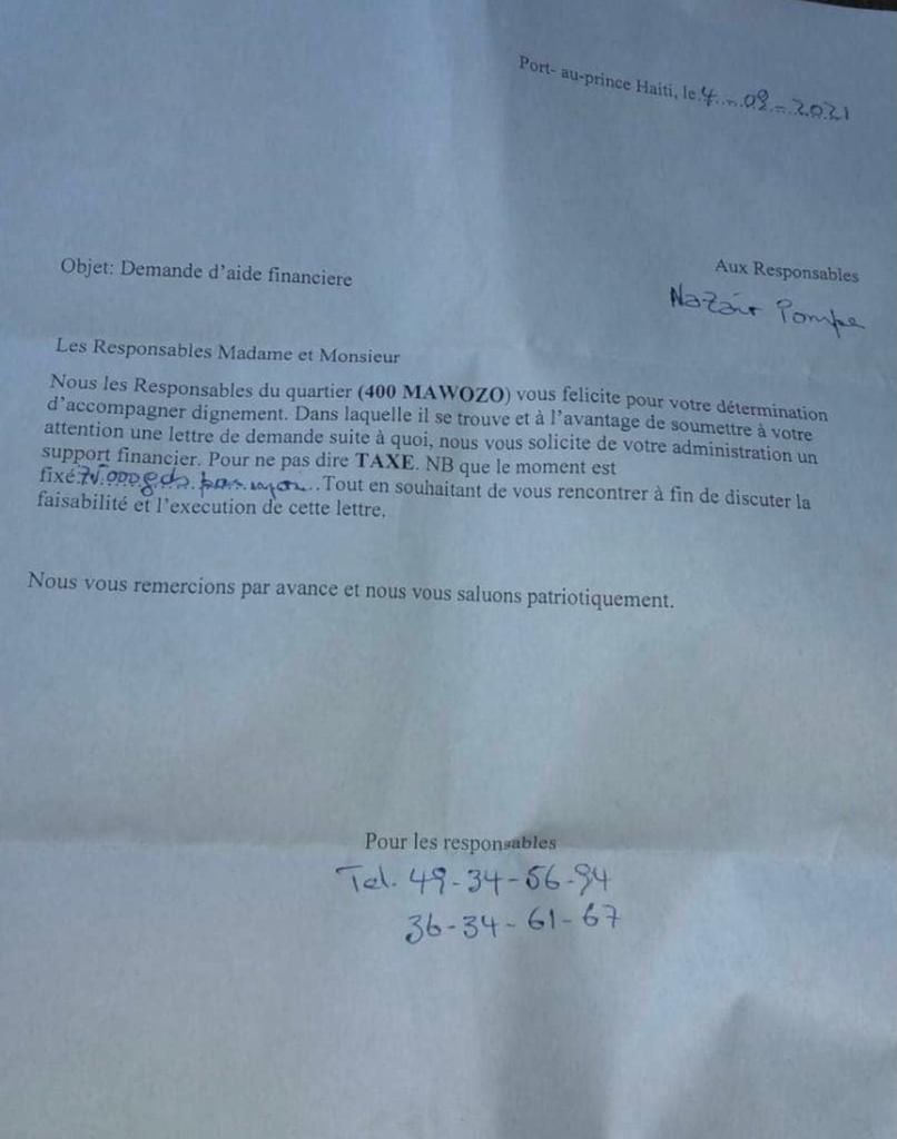 mbduvalier's tweet photo. Haïti 🇭🇹 chérie ❤️ Le gang 400 Mawozo 🥷 réclame 75.000 Gdes mensuel de “taxes” à Nazair Pompe 🙆‍♀️ 💙 https://t.co/6uqBIJI0q4