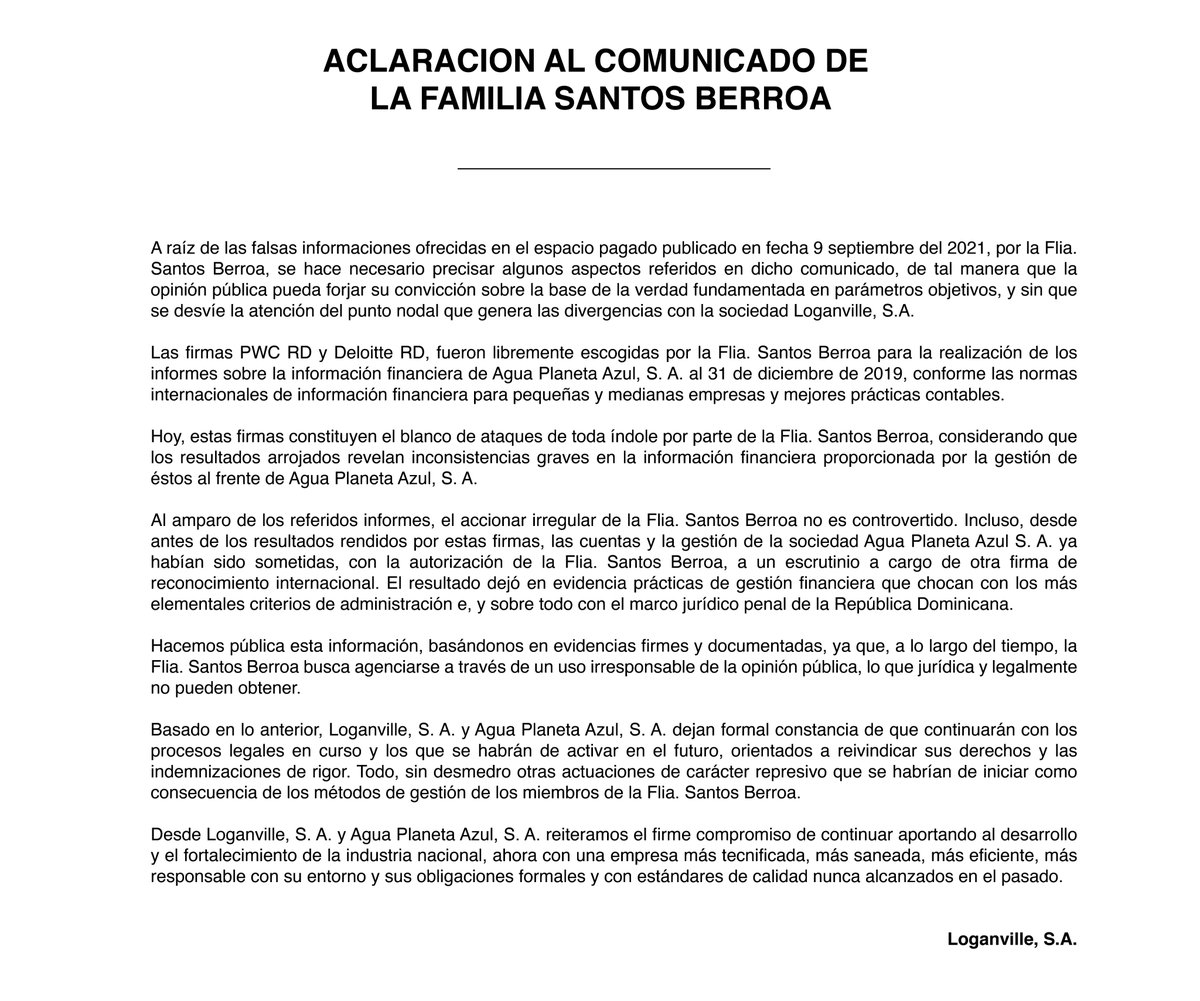 ACLARACION AL COMUNICADO DE LA FAMILIA SANTOS BERROA