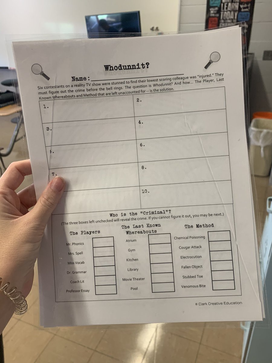 neff_allyson's tweet photo. Played a game of WhoDunnit to practice complete sentences, along with identifying fragments and run ons! Who do you think did it? #MissNeffsELA #Room102 @MMS_Colts @RHLSD_Colts https://t.co/2Uzx9WViUn