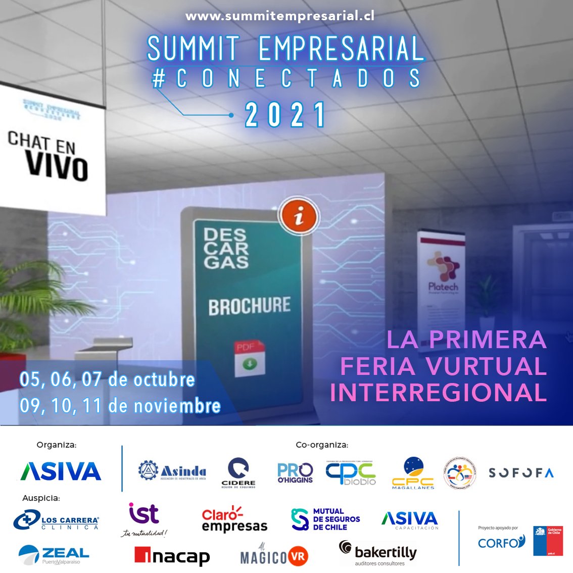 Participa del Summit Empresarial Conectados en charlas internacionales, la primera feria virtual interregional y talleres de innovación y emprendimiento este 5, 6 y 7 de oct. Además, el 9, 10 y 11 de nov: Rueda de negocios y un Speed Mentoring.
Inscríbete: summitempresarial.cl