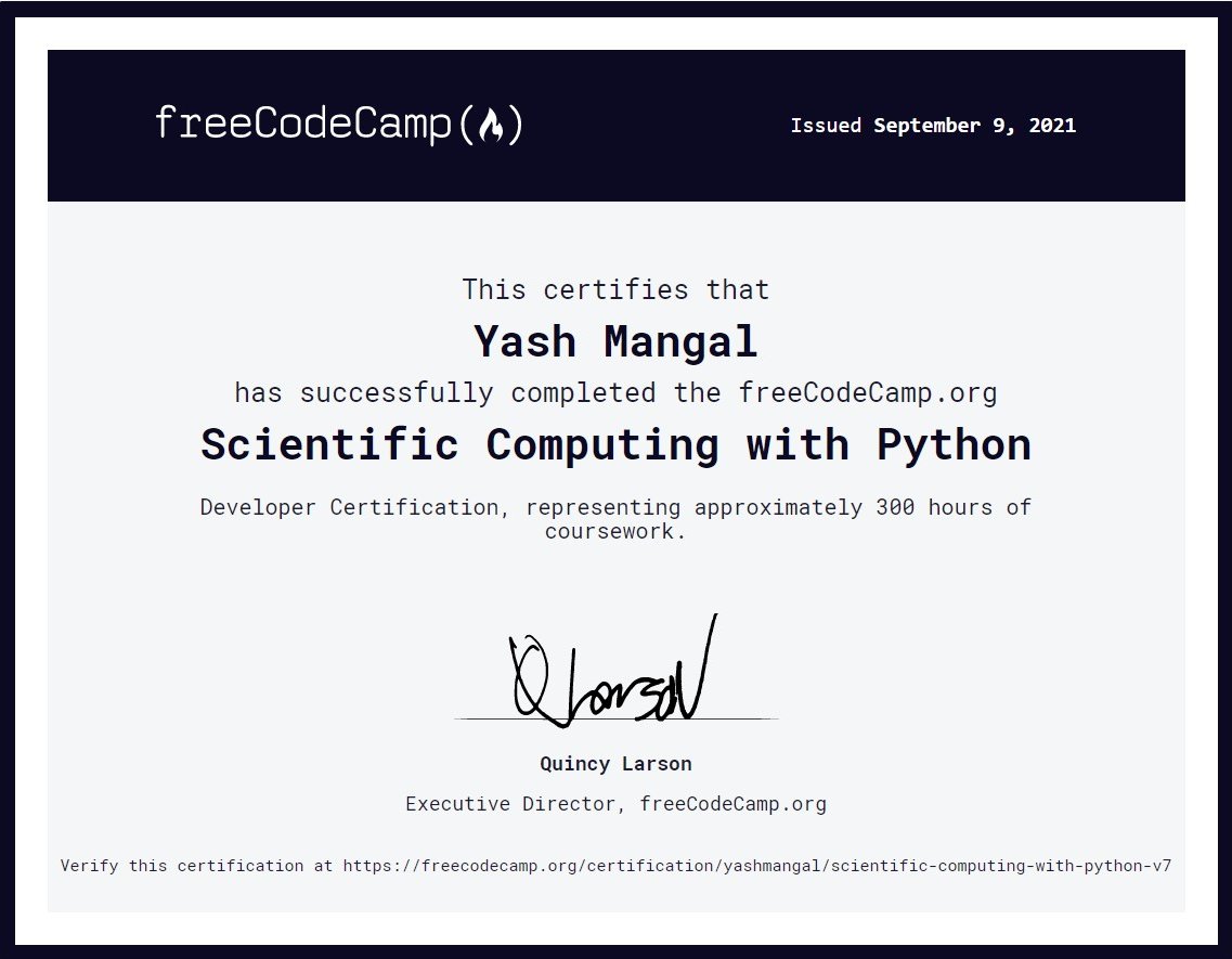 mangal_yash's tweet image. I got my first certification in #Python!! Took me a long time but finally got it. Now some more random projects before I continue further in the course. Major Thanks to @freeCodeCamp @ossia for the certificate!
#100DaysOfCode #CodeNewbies #Coding