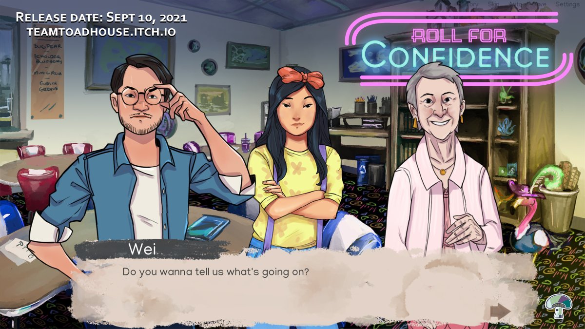 Roll for Confidence - Everyone in the town of Fernweh knows and adores Sophia, the sweet co-owner of Screen Time arcade. She wants to be a strong woman but WHAT DOES THAT EVEN MEAN? 🏳️‍⚧️

Releases Sept 10th - LESS THAN 24 HOURS TO GO!
#ttrpg #visualnovel itch.io/s/55696/roll-f…