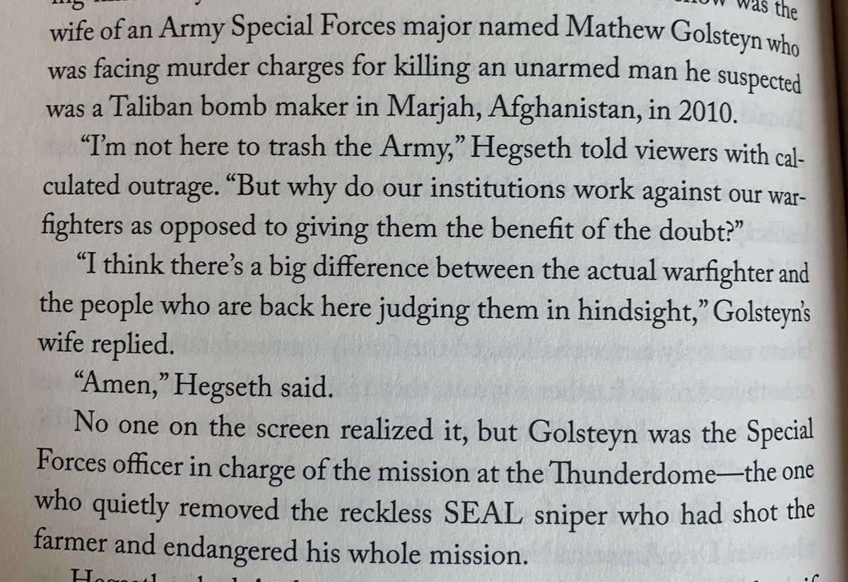 Revelation in @David_Philipps’s ALPHA: when Eddie Gallagher killed an unarmed farmer in Marja in 2010 while tagging along with a Green Beret team, the SF captain who decided to “quietly get [him] out of there” rather than report it was…Matt Golsteyn (future Trump pardonee).