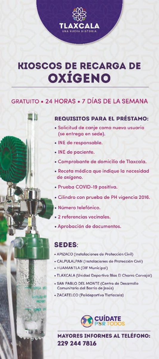 SesaTlax's tweet photo. 📍El programa de Oxígeno Gratuito 2021, estará brindando servicio en seis módulos. Funcionarán las 24 horas, los siete días de la semana. Te compartimos las ubicaciones de las sedes y los requisitos. 🛑 https://t.co/nOQ86yG1B6