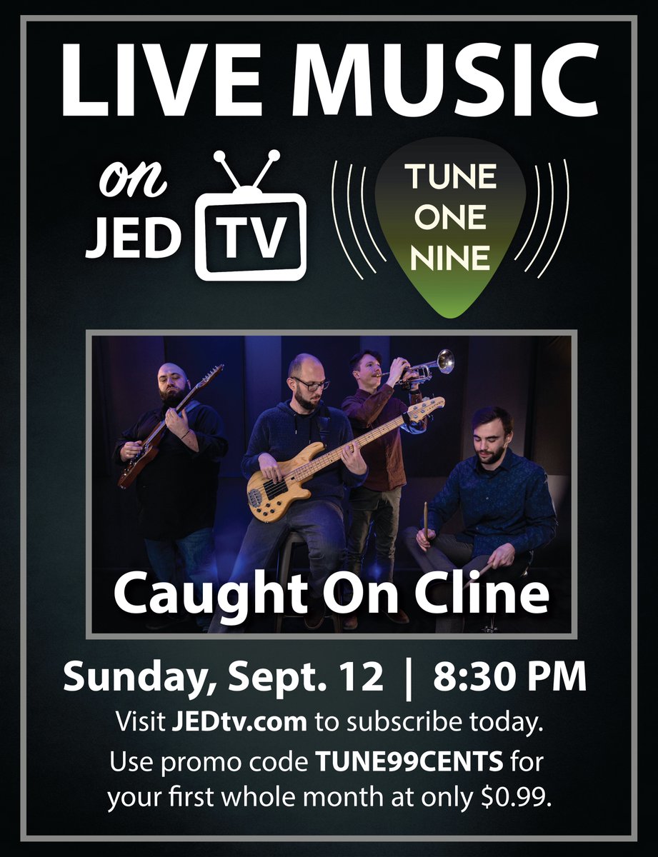TuneOneNine's tweet image. Caught On Cline will be in studio this weekend for a live performance on Tune One Nine!

Subscribe today on JEDtv.com with promo code TUNE99CENTS and get access to this show, all past shows on demand, and our upcoming shows all for only $0.99 for your first month.